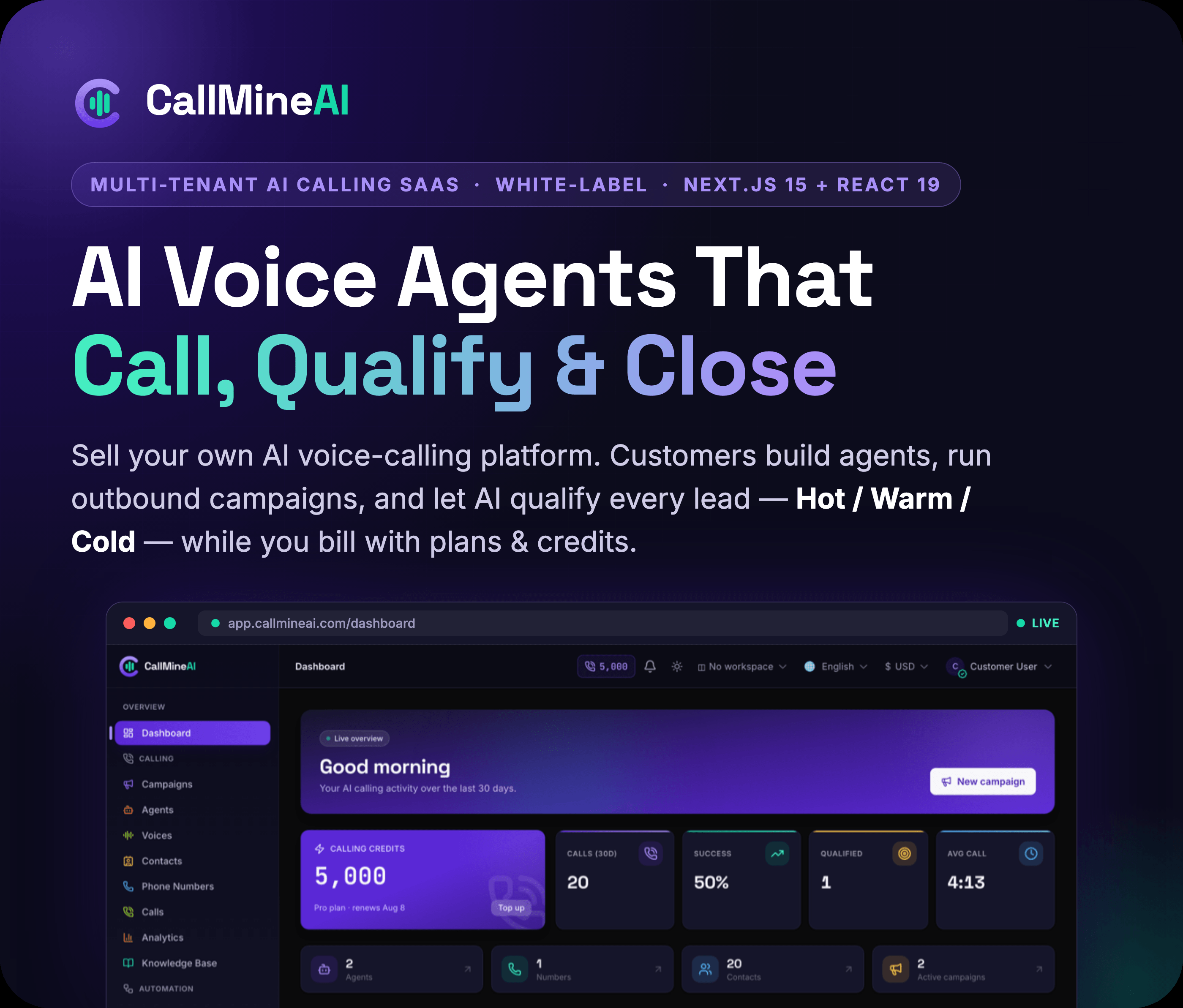 CallMineAI - AI voice calling SaaS dashboard overview