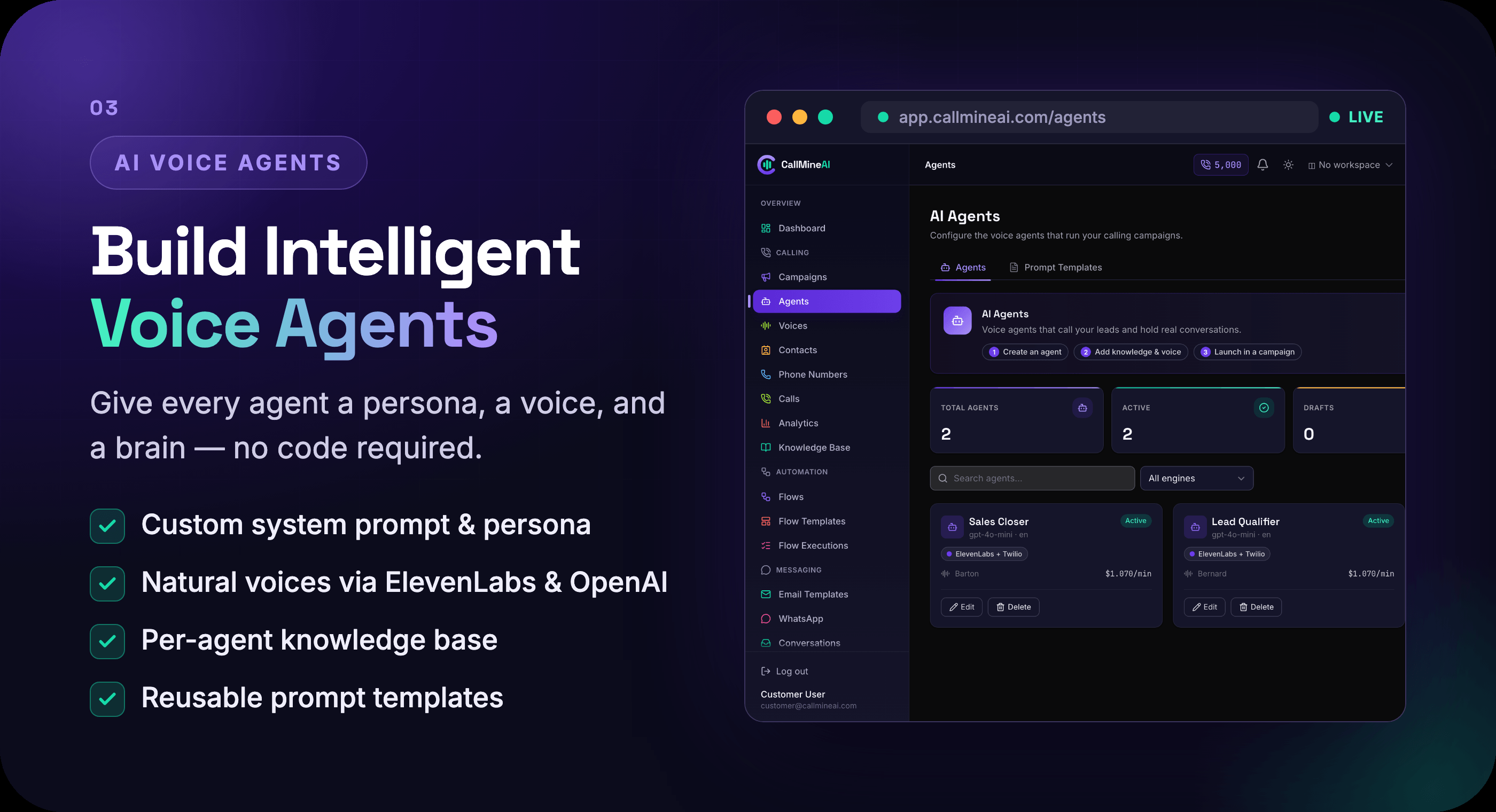AI voice agent builder - persona, voice and knowledge base
