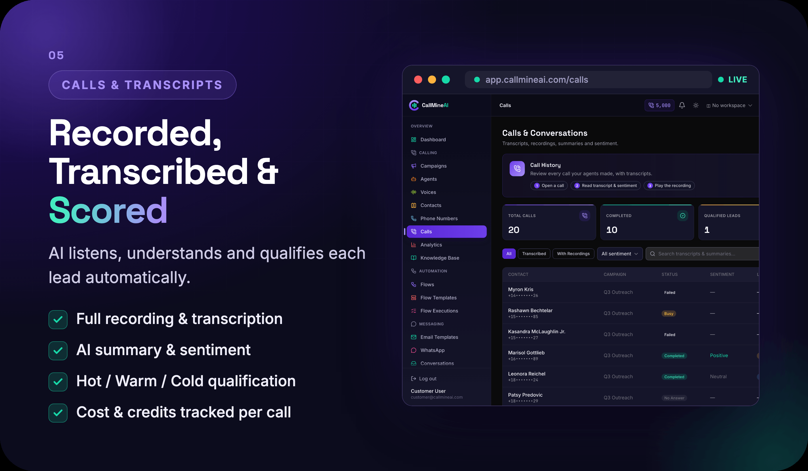 Call detail - transcript, recording, AI summary and sentiment