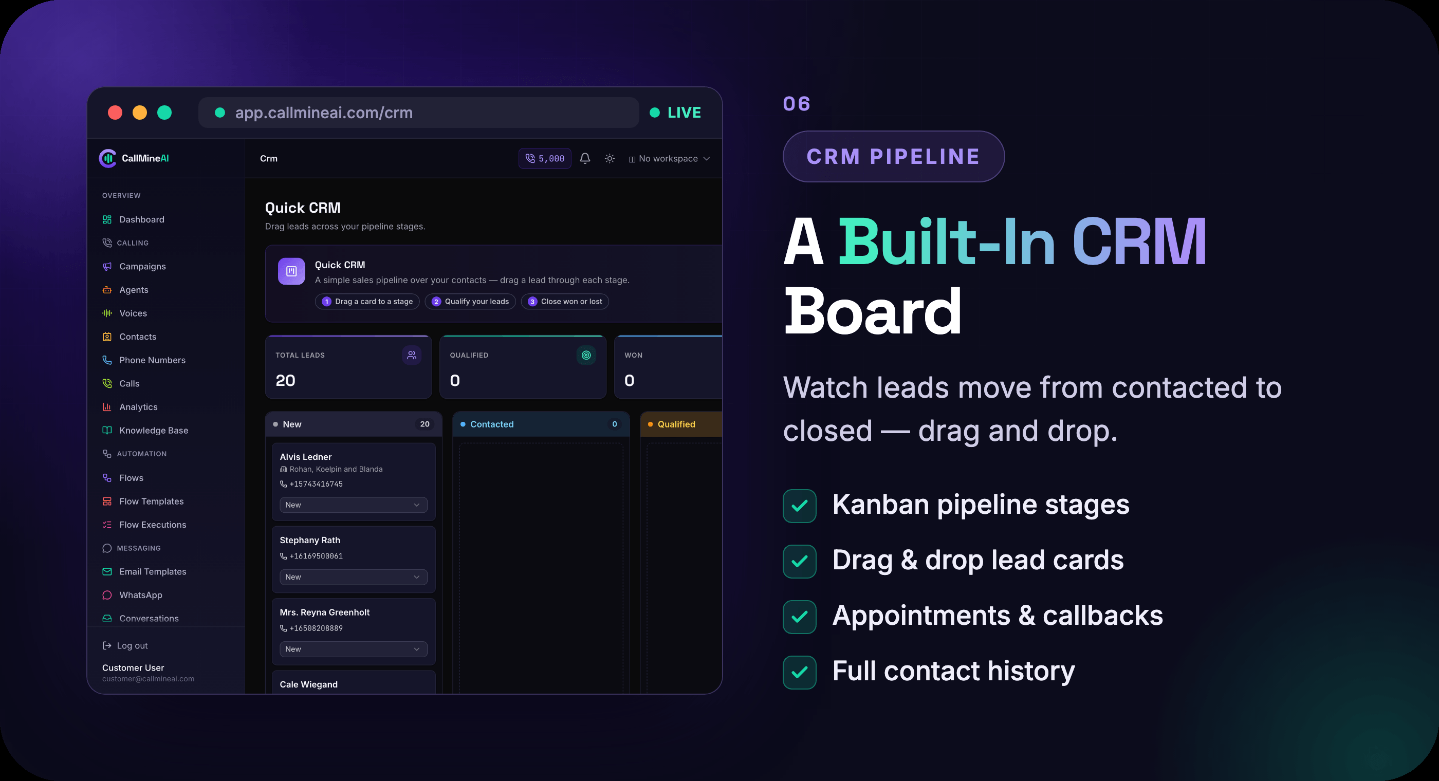 Drag-and-drop CRM pipeline board with Hot/Warm/Cold leads