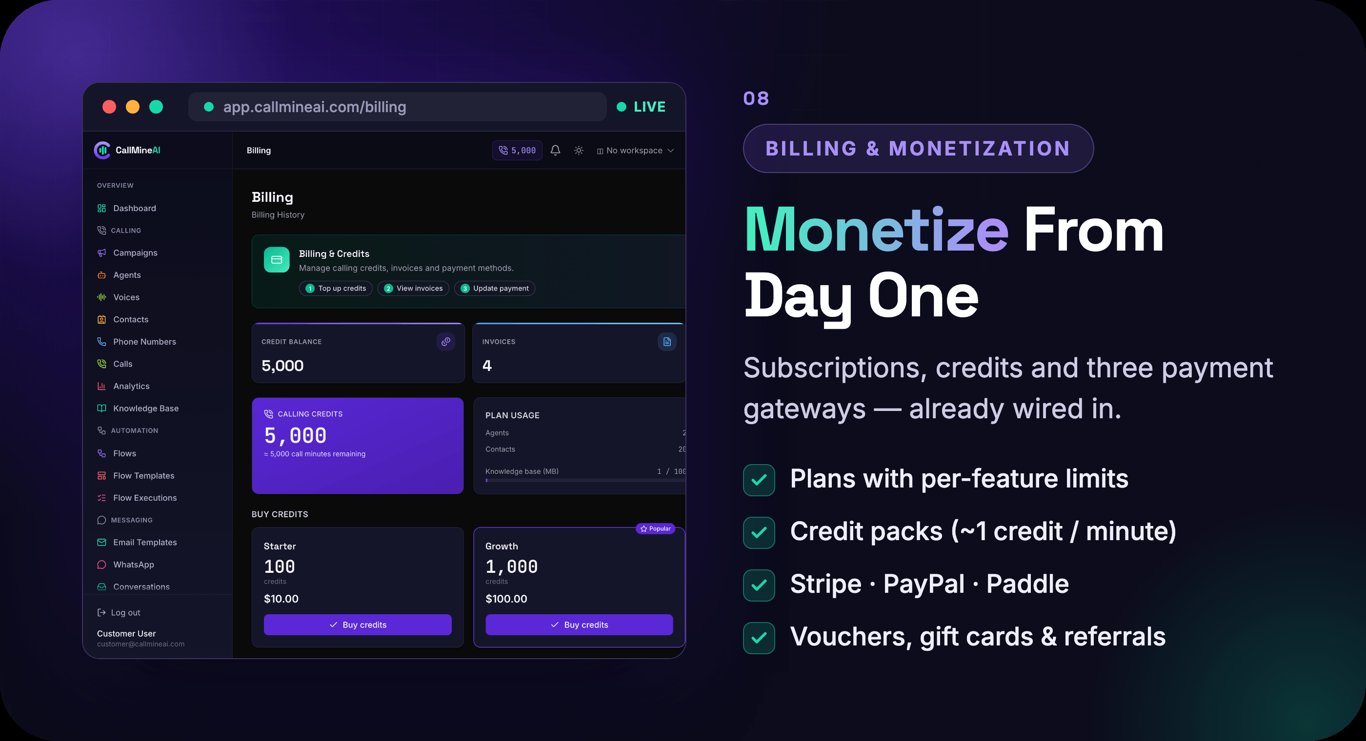 Subscription plans, prepaid credits and billing
