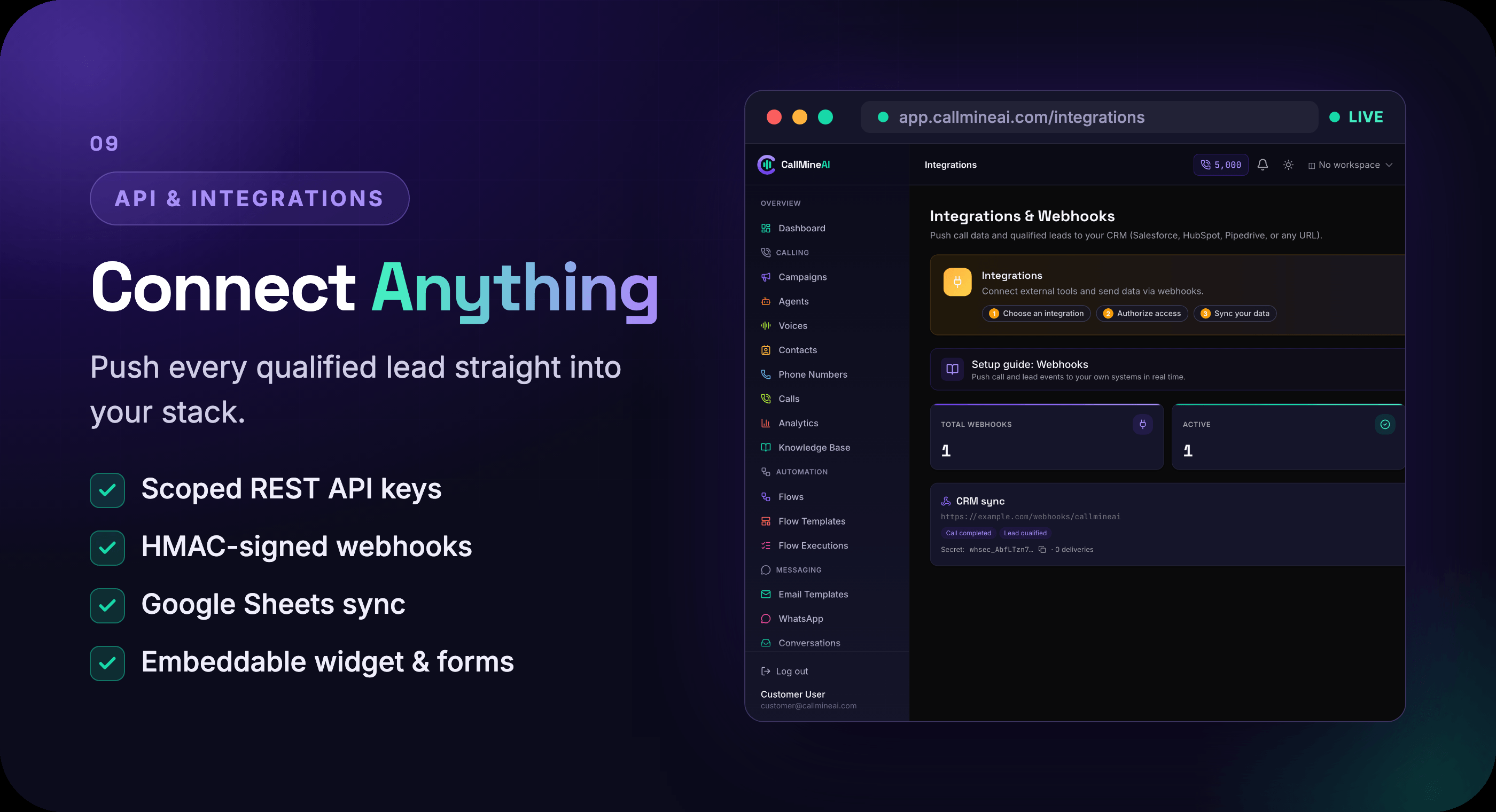 REST API keys, HMAC-signed webhooks and integrations
