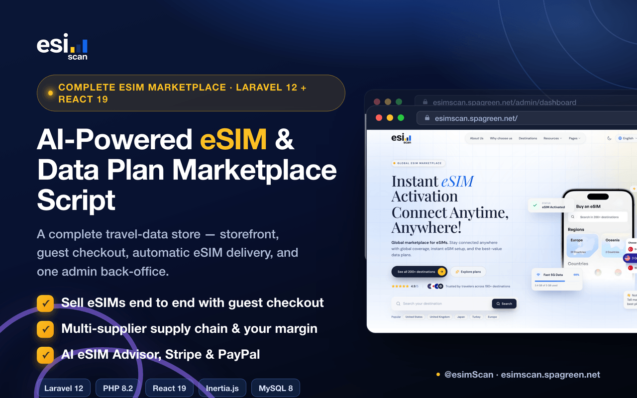 Storefront — browse eSIMs by destination, guest checkout