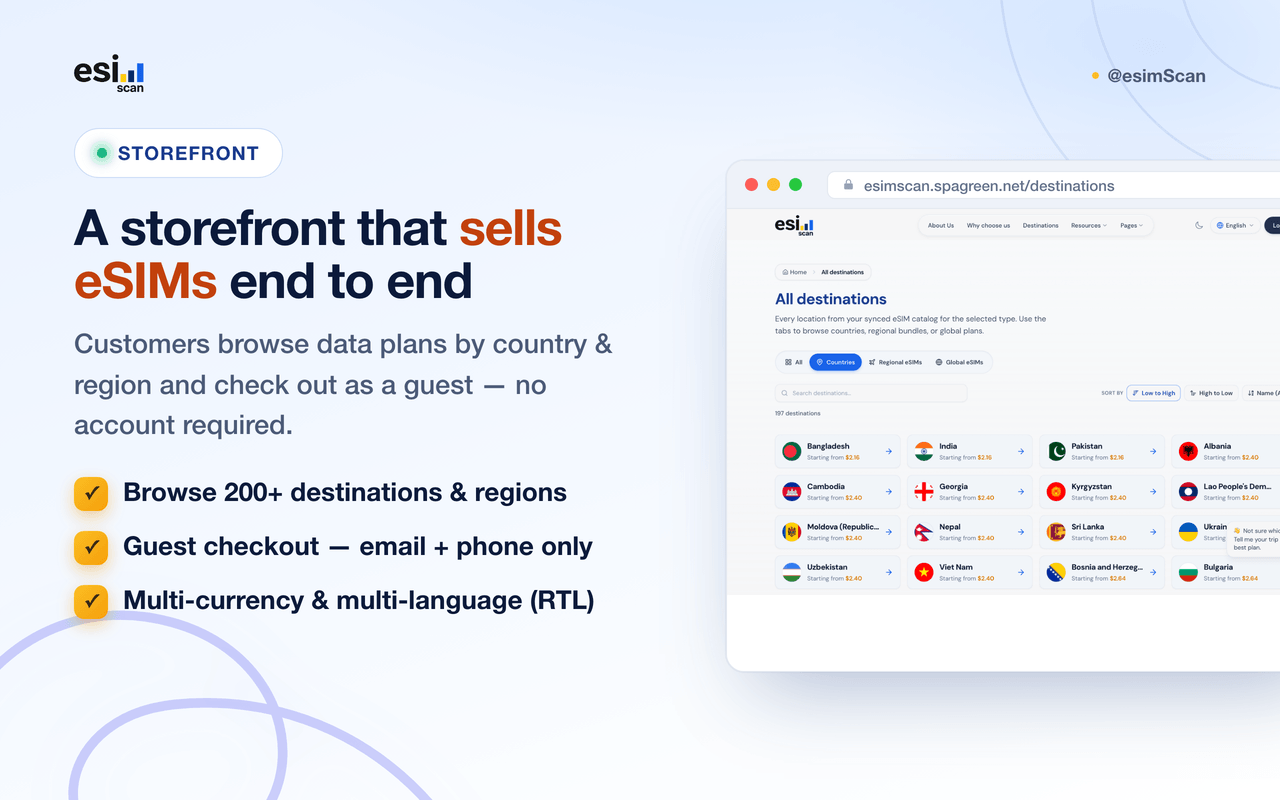 Storefront — browse eSIMs by destination, guest checkout