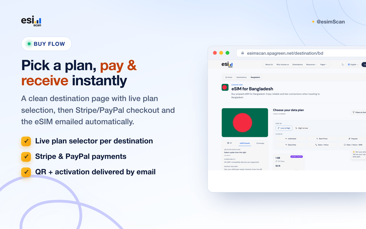 Destination page — live plan selection, Stripe & PayPal checkout
