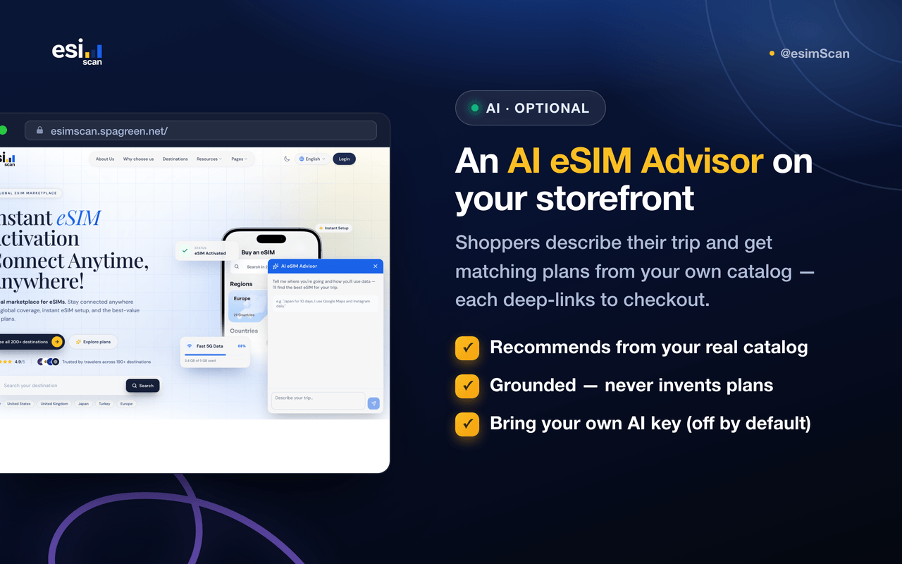 AI eSIM Advisor recommends plans from your own catalog