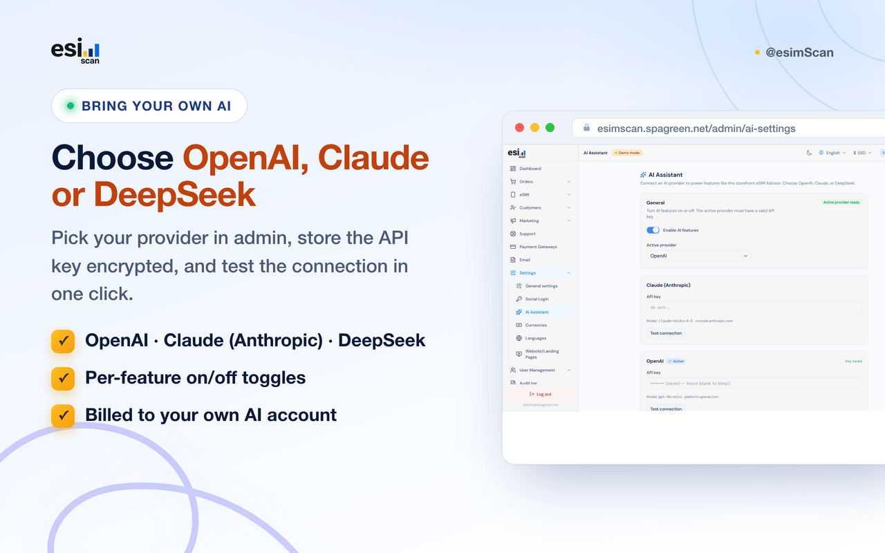 AI settings — bring your own OpenAI, Claude or DeepSeek key