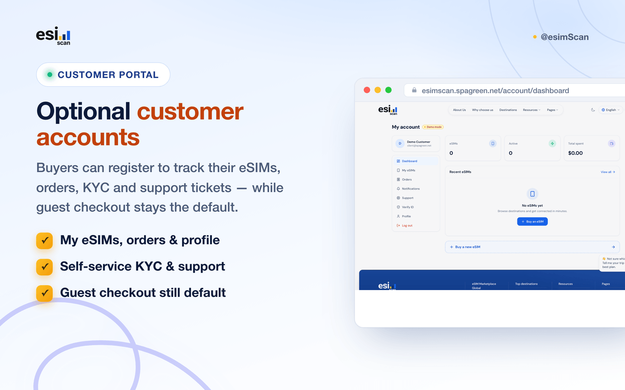 Optional customer portal — my eSIMs, orders and profile