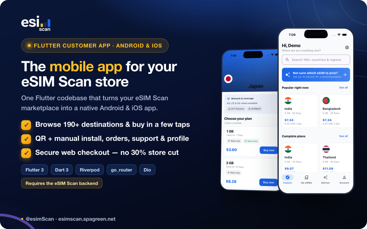 eSIM Scan Mobile App — Flutter customer app for Android and iOS
