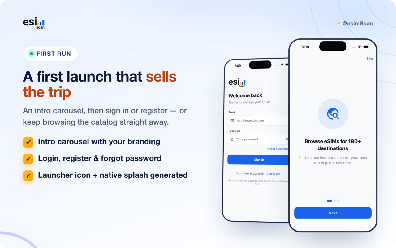 Onboarding, login and registration screens