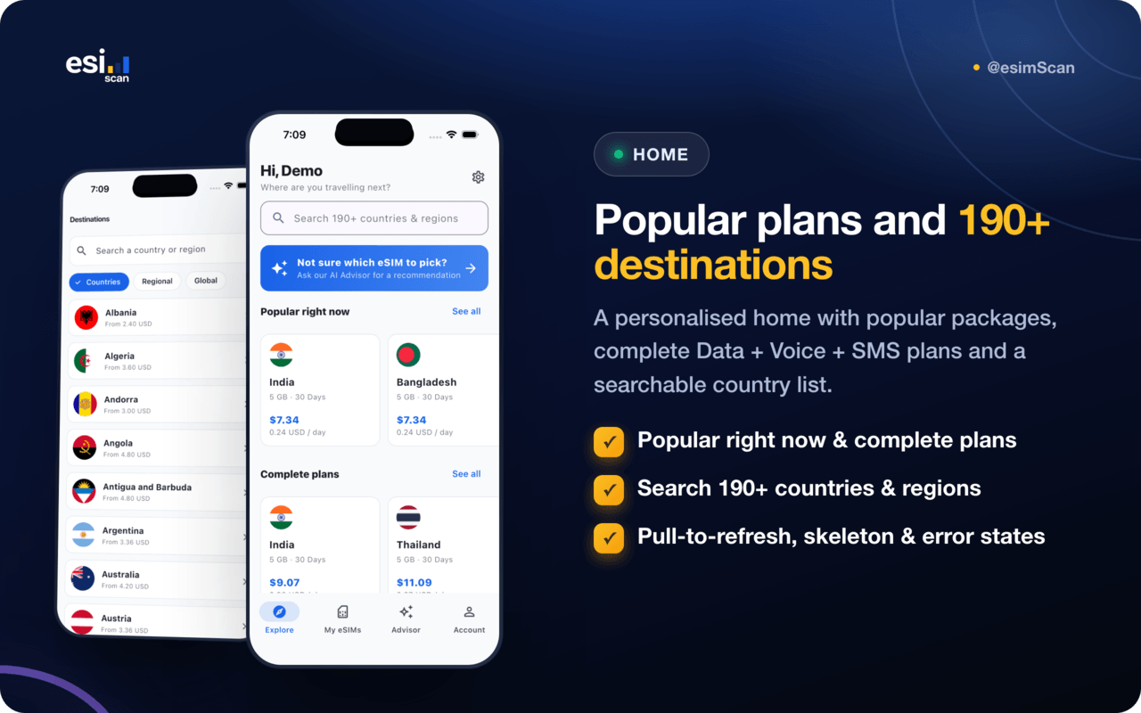 Home screen, destination search and dark mode