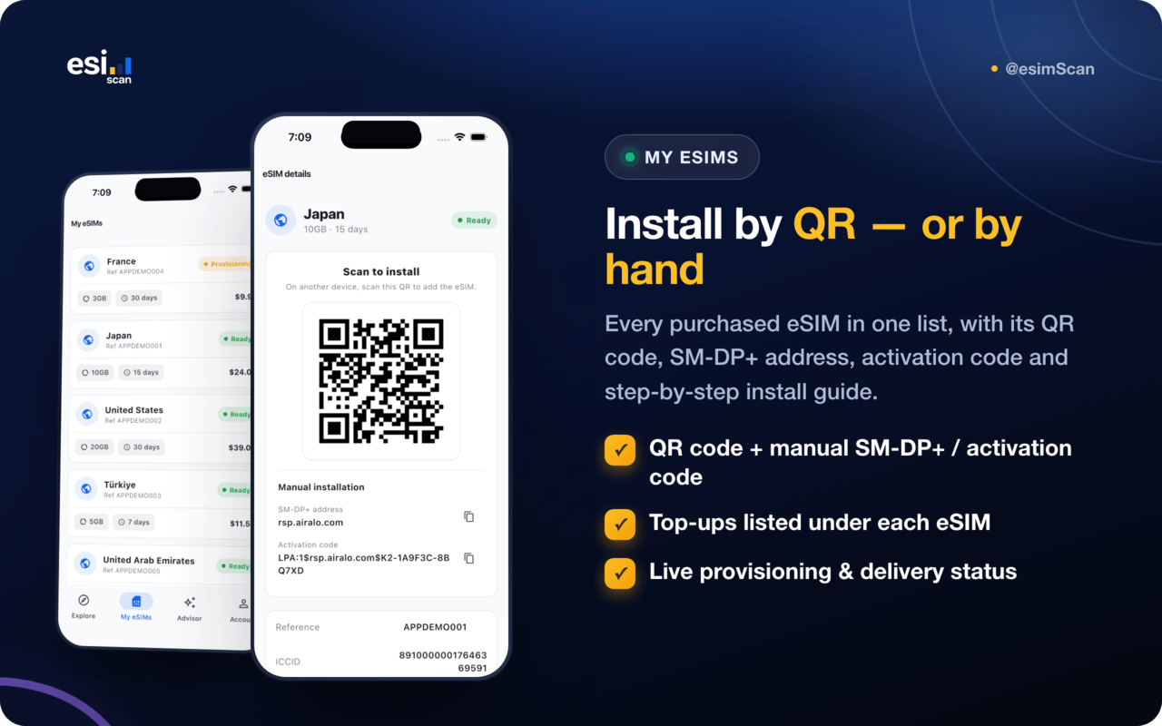 My eSIMs list and eSIM detail with QR install