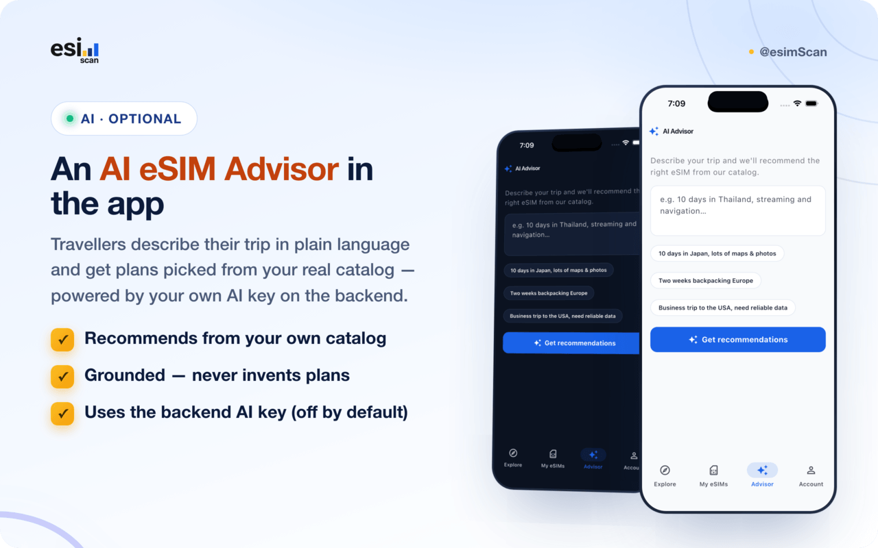 AI eSIM Advisor in light and dark mode