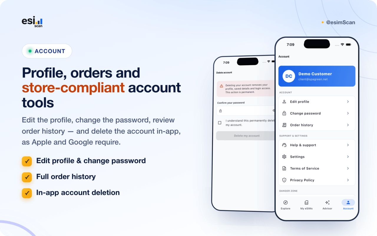 Profile, edit profile and delete account screens
