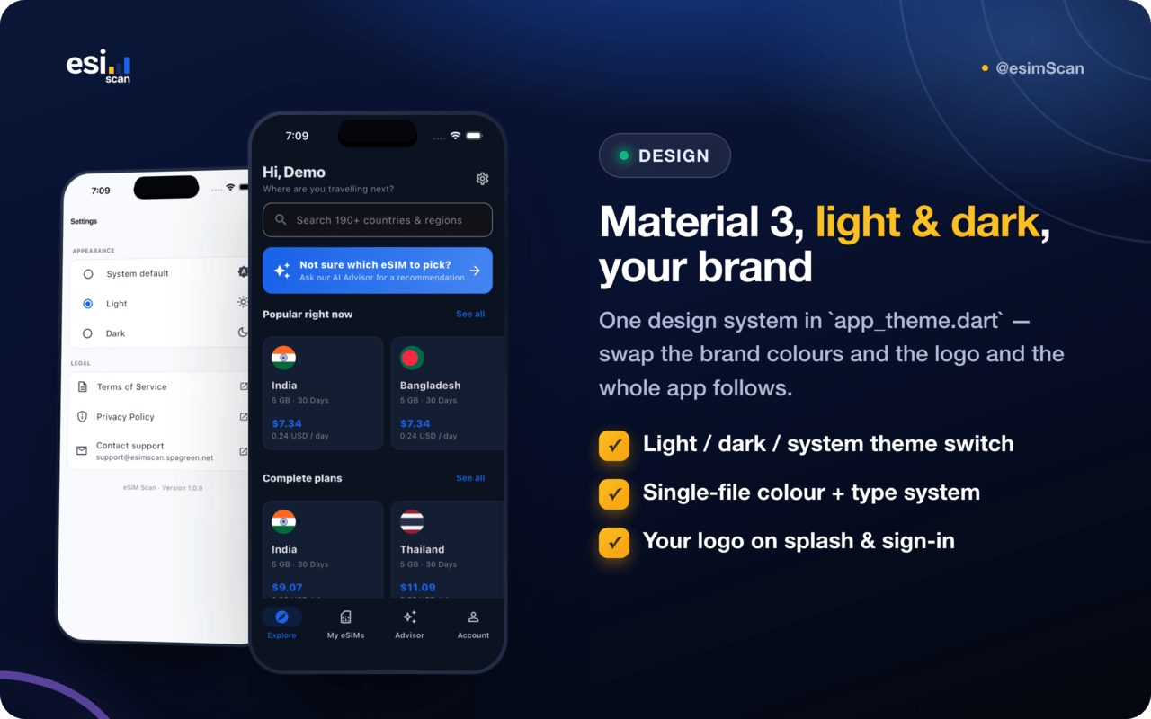 Settings, dark mode profile and dark mode home