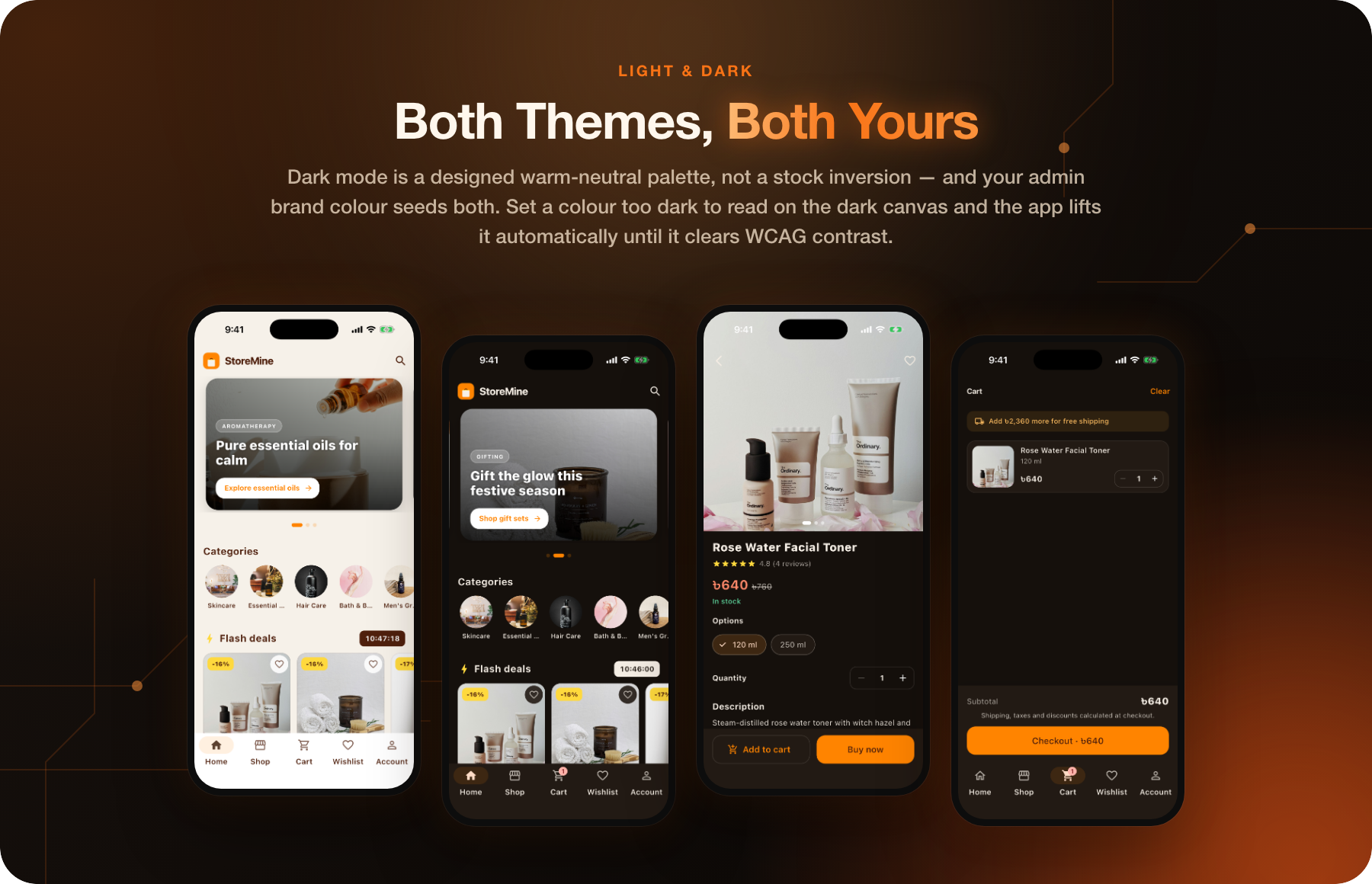 Light and dark themes, both seeded from the store's brand colour