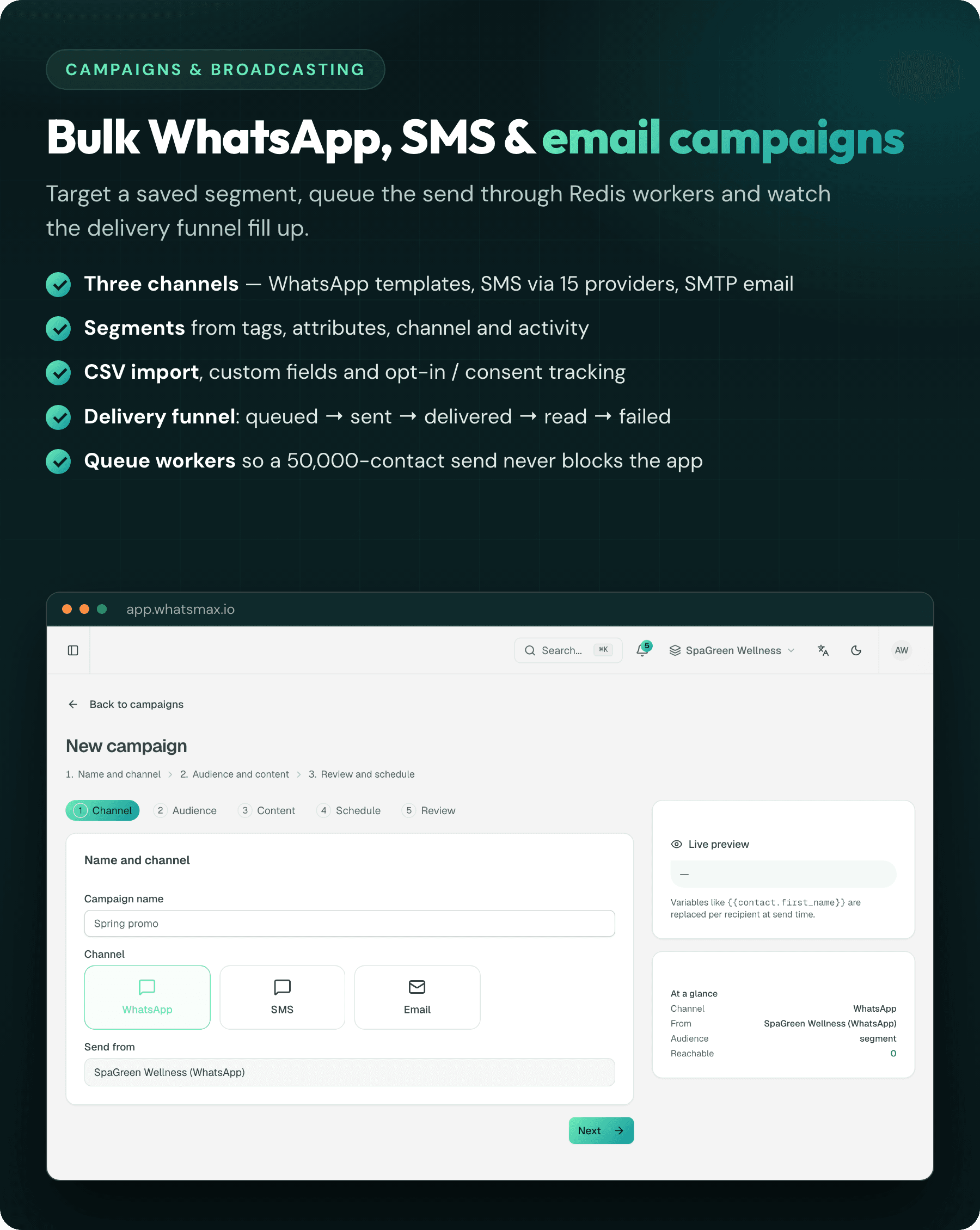 Bulk WhatsApp, SMS and email campaigns