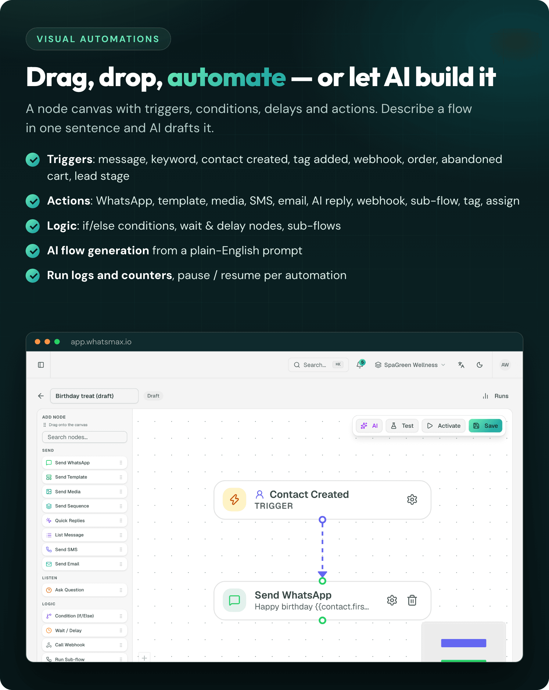 Drag-and-drop automation builder with AI flow generation