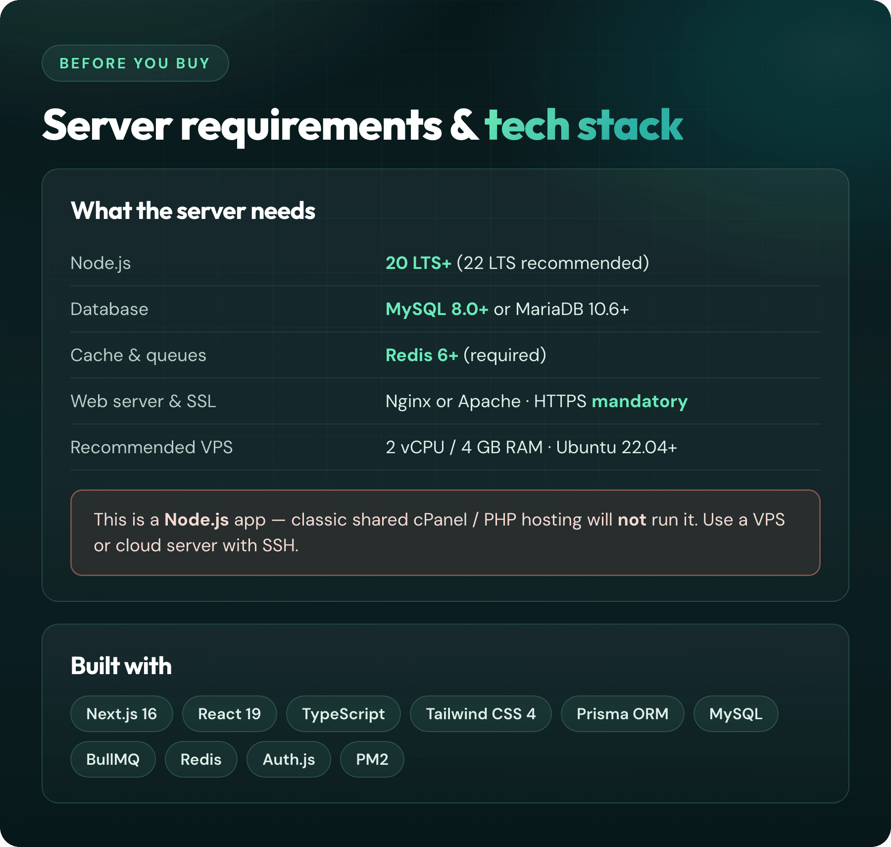 Server requirements and tech stack
