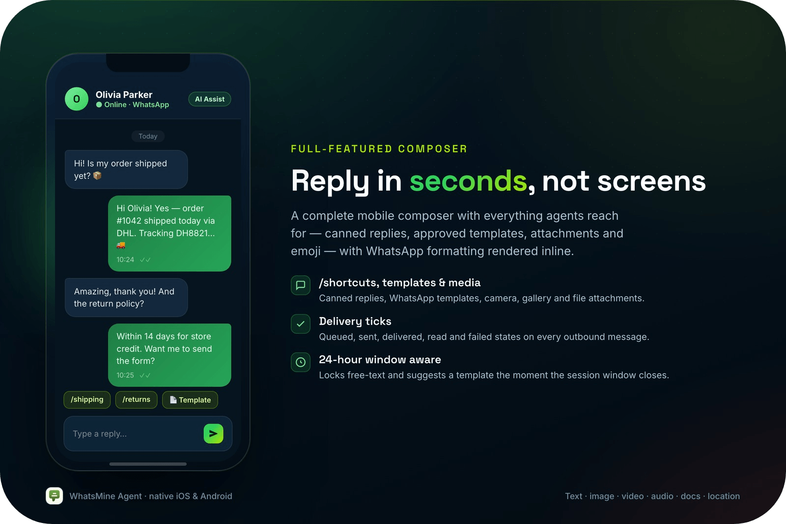 Conversation thread and composer with templates and canned replies