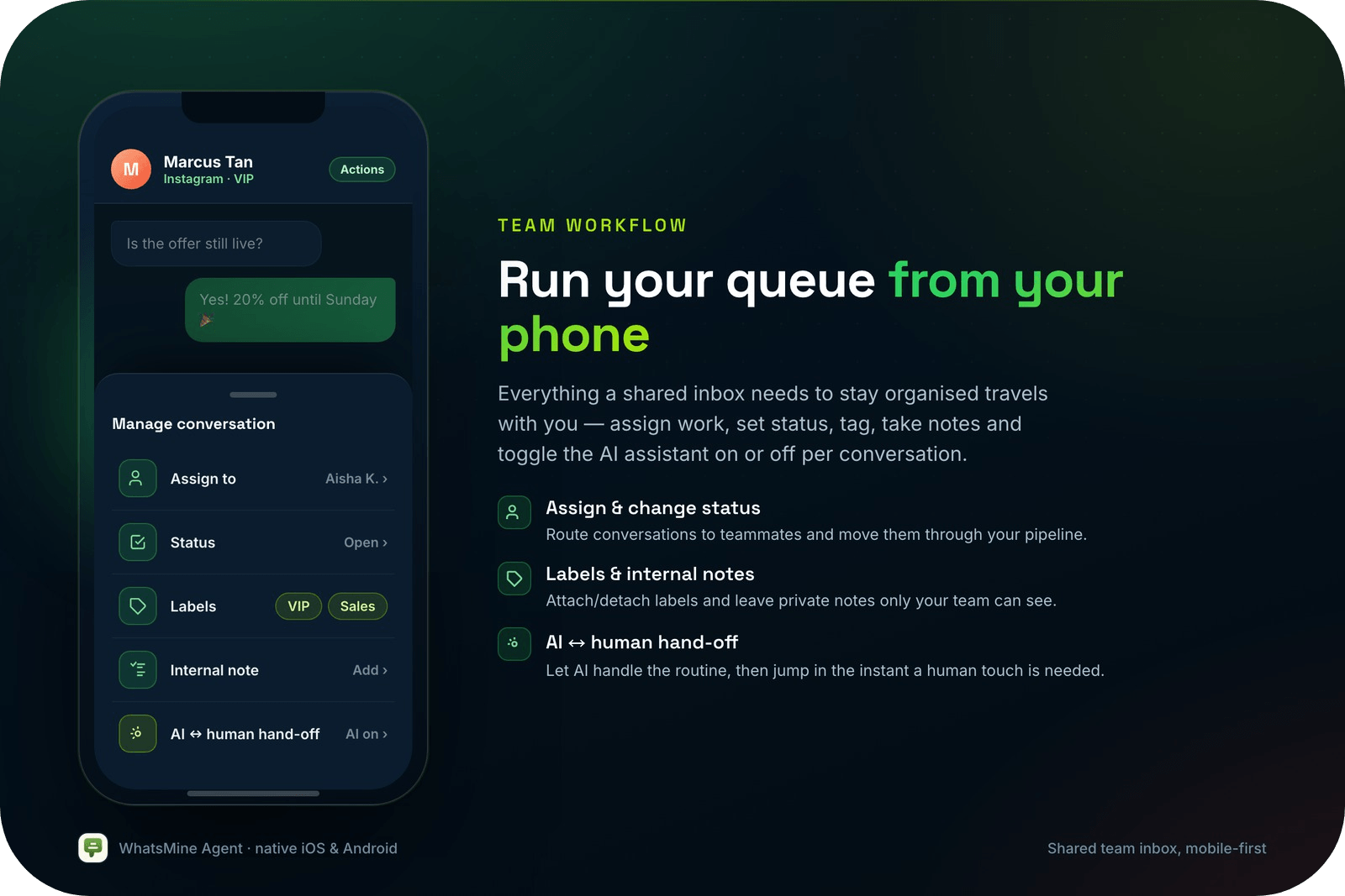 Assign, status, labels, notes and AI hand-off