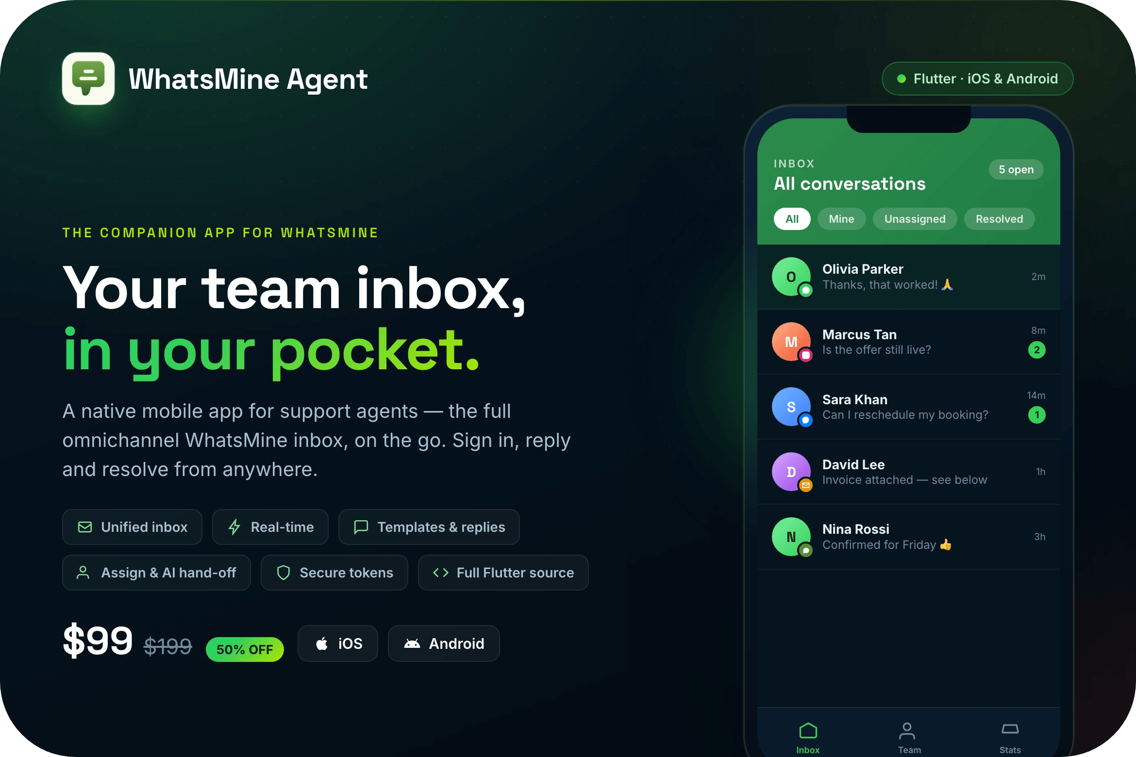 WhatsMine Agent — your team inbox in your pocket