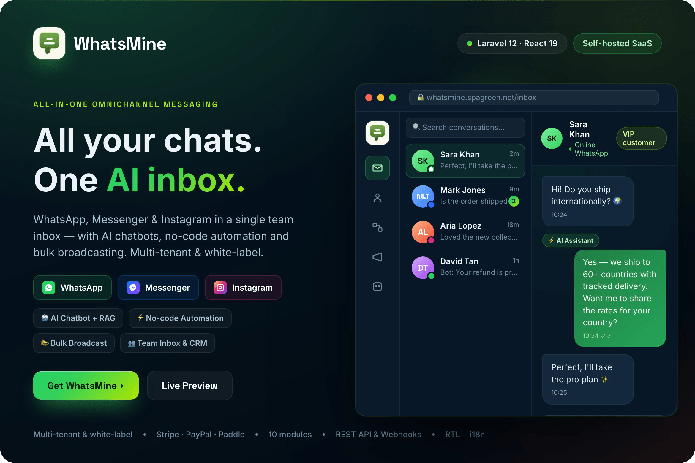 WhatsMine — AI Omnichannel Marketing, Automation & Chatbot SaaS (WhatsApp, Messenger, SMS & Email)